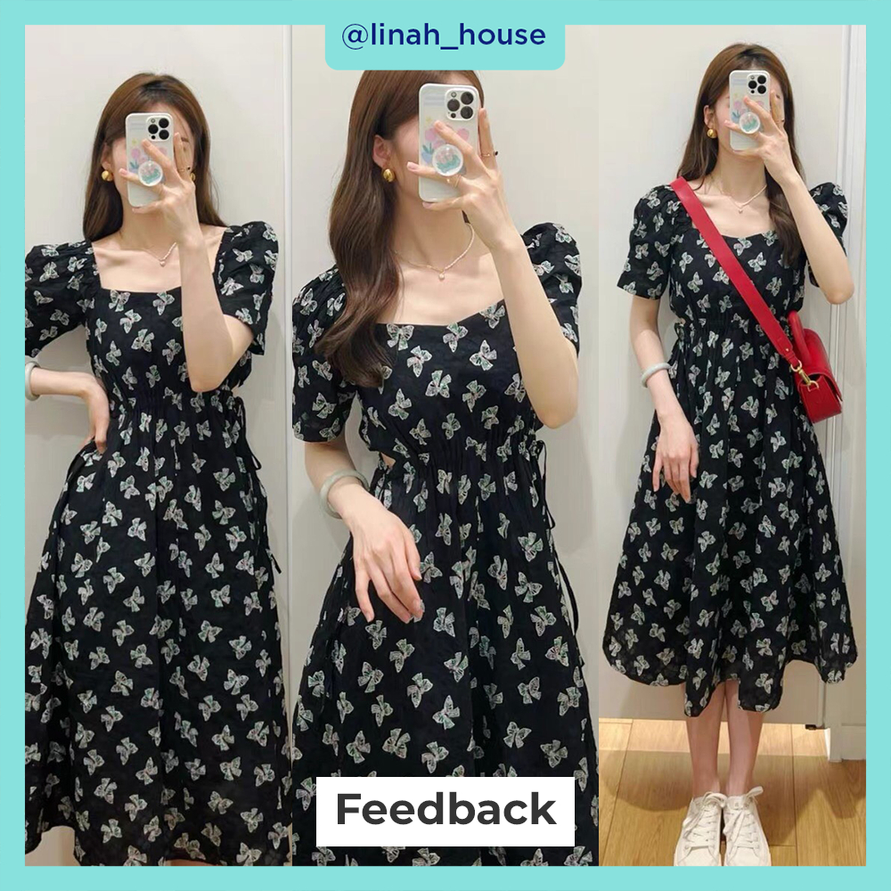 Váy đầm hoa nhí cổ vuông vải mát màu đen khoét eo nhẹ nhàng nàng thơ Linah Diamond Daisy Linah House - V00028