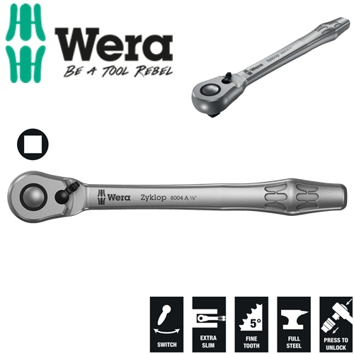 Cần xiết tròng cóc 1/4" Wera 05004004001 8004 A Zyklop Metal Ratchet with switch lever
