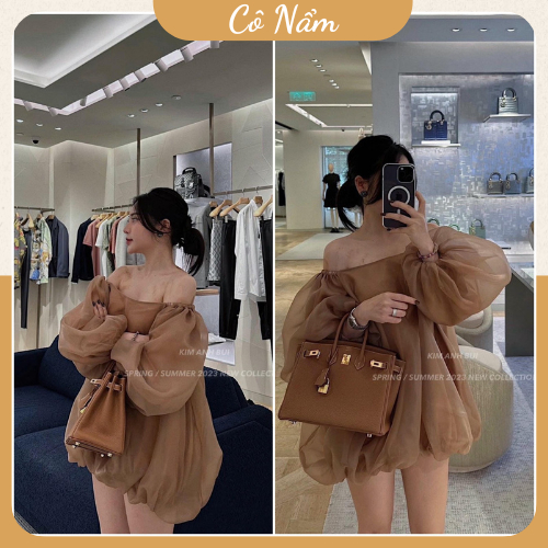 Váy Trễ Vai Tơ Nhũ Tay Bồng Dài Tay Màu Nâu Sang Chảnh
