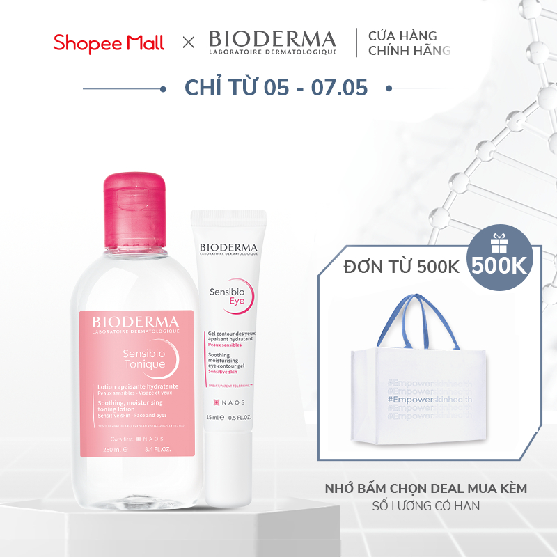 Bộ đôi dung dịch cân bằng, dưỡng ẩm cho da nhạy cảm Bioderma Sensibio Tonique 250ml và kem dưỡng giảm bọng mắt 15ml