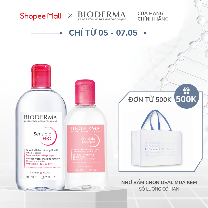 Bộ đôi nước tẩy trang làm sạch micellar cho da nhạy cảm Bioderma Sensibio H2O 500ml và dung dịch cân bằng,dưỡng ẩm 250ml