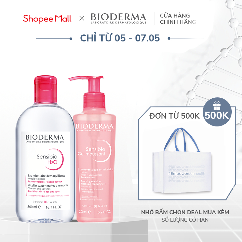 Bộ nước tẩy trang và làm sạch Micellar cho da nhạy cảm Bioderma Sensibo H2O 500ml và gel rửa mặt tạo bọt 200ml