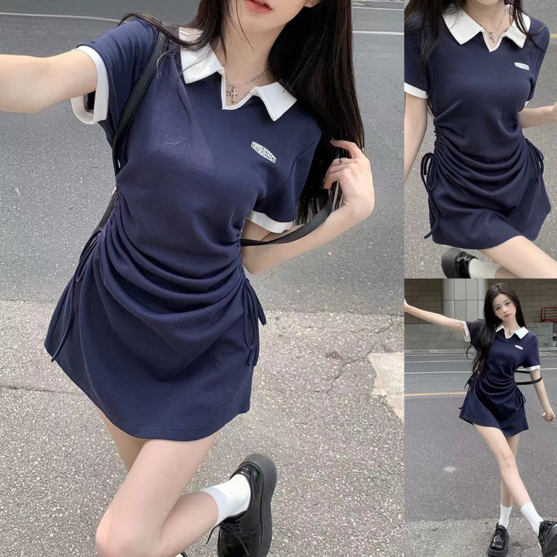Váy polo dáng ngắn dây rút che eo mỡ có cổ viền trắng ngắn tay đầm chữ A Nữ màu xanh xám tôn da