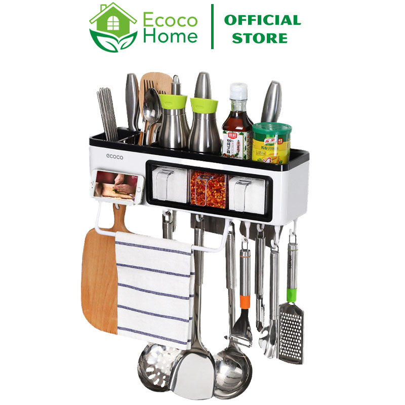 Kệ Gia Vị Dán Tường Có Thanh Treo, Kệ Để Đồ Nhà Bếp Đa Năng Ecoco