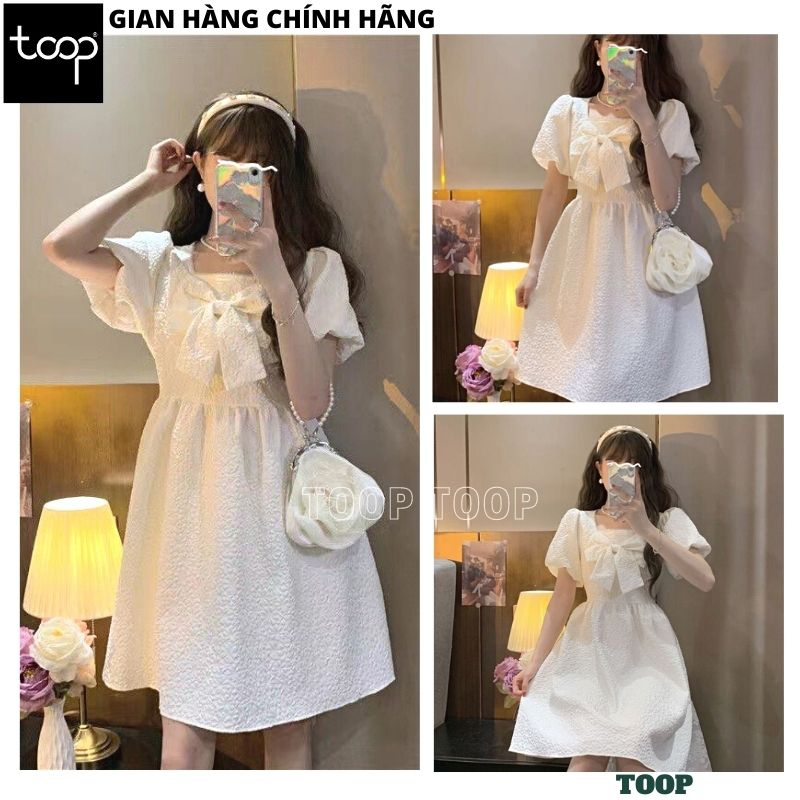 Đầm gấm xốp trắng cổ vuông tay bồng đính nơ, Váy babydoll dáng xòe tiểu thư công chúa đi chơi dự tiệc hàn quốc - TOOP