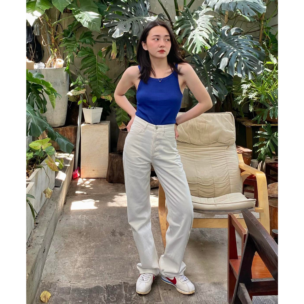 TheBlueTshirt - Quần Jeans Nữ Lưng Cao Ống Suông Màu Trắng - The Original Grandpa Jeans - White Vintage