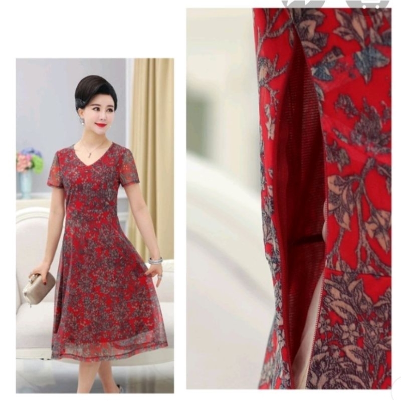 Thanh Lý Đầm Voan tơ hoa nhí đỏ 2 lớp Dáng dài-thanh lich-Quý phái