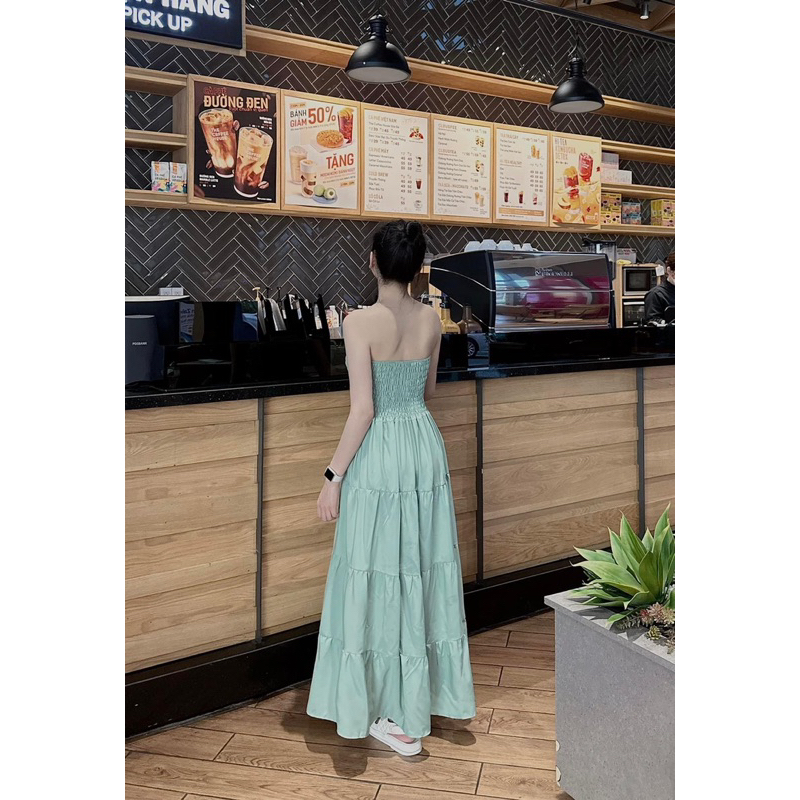 đầm maxi ống xanh mint bo chun