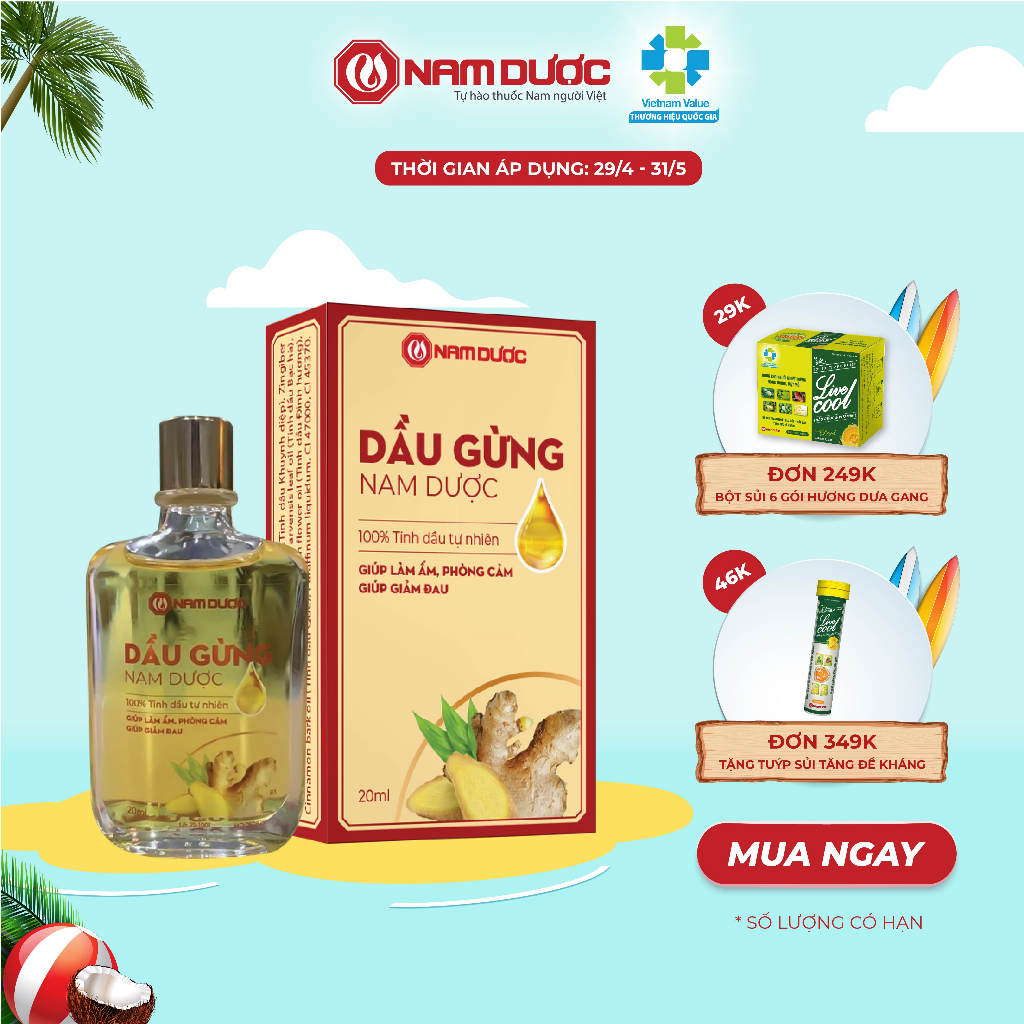 Dầu gừng Nam Dược lọ 20ml giúp làm ấm, phòng cảm lạnh, cảm cúm, giúp giảm đau xương khớp, nhức đầu, phòng say xe