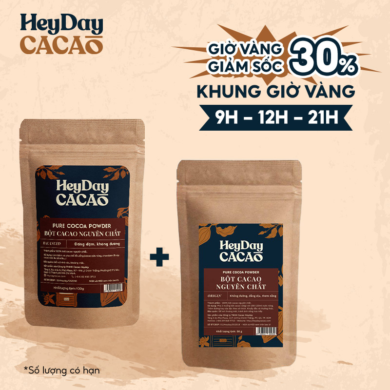 Bột cacao nguyên chất HEYDAY - Combo dòng Origin thượng hạng Túi 50g và dòng Balanced phố thông Túi 80g