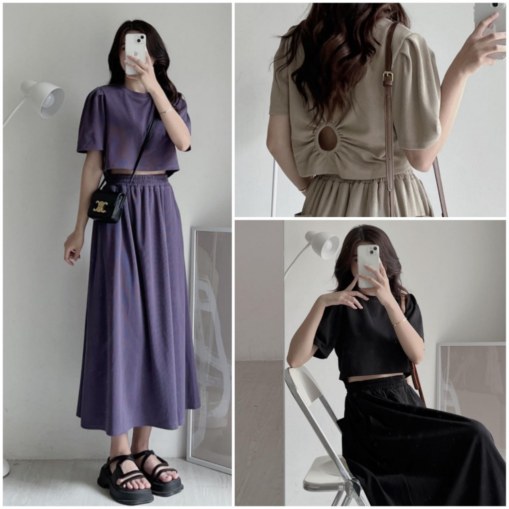 Set áo cut-out lưng tay phông kèm chân váy dài Heppy _Setchuncatout105_P6K2