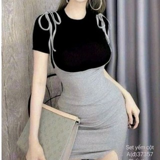 Sét bộ đầm yếm xẻ đùi và áo thun ôm cổ tròn tay ngắn BC