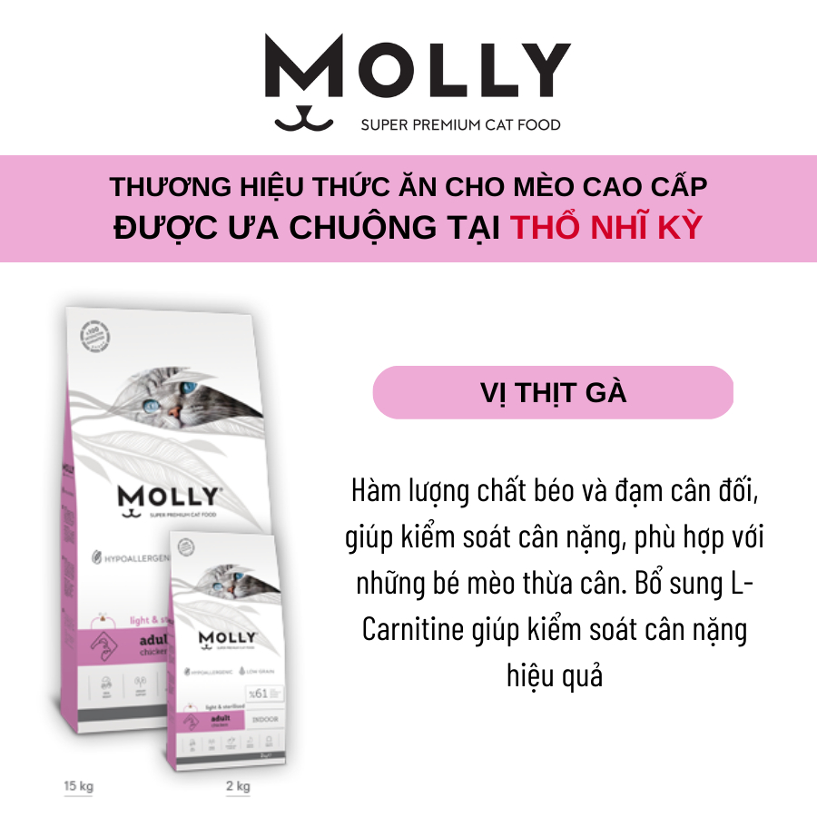 Thức ăn hạt cho mèo Molly cho mèo lớn Kiểm soát cân nặng dành cho mèo thừa cân vị thịt gà từ Thổ Nhĩ Kỳ Túi 2kg (Tím)