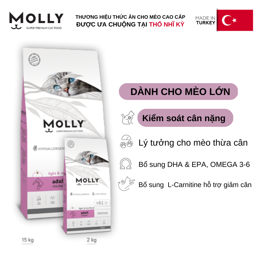 Thức ăn hạt cho mèo Molly cho mèo lớn Kiểm soát cân nặng dành cho mèo thừa cân vị thịt gà từ Thổ Nhĩ Kỳ Túi 2kg (Tím)