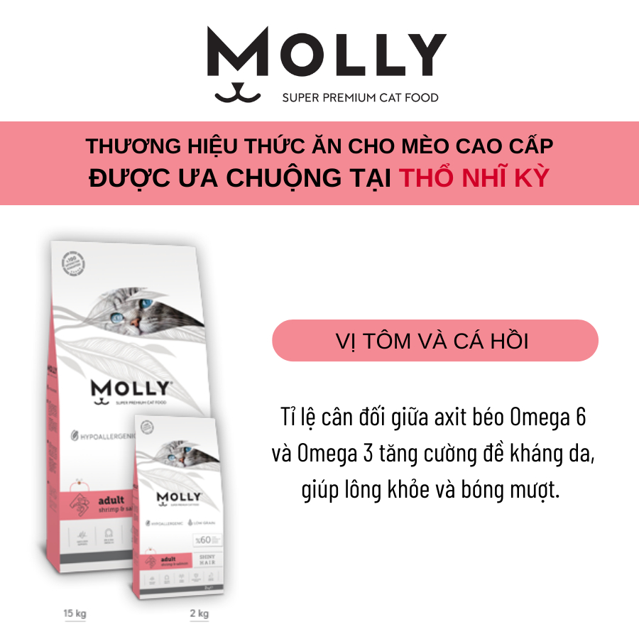 Thức ăn hạt cho mèo Molly 2kg Giúp Lông Bóng Khỏe, giảm rụng lông vị Tôm và cá hồi đến từ Thổ Nhĩ Kỳ (màu hồng)
