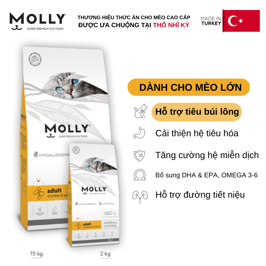Thức ăn hạt cho mèo Molly Hỗ Trợ Tiêu Búi Lông vị thịt gà và cá cơm đến từ Thổ Nhĩ Kỳ túi 2kg (màu vàng) Beoncare