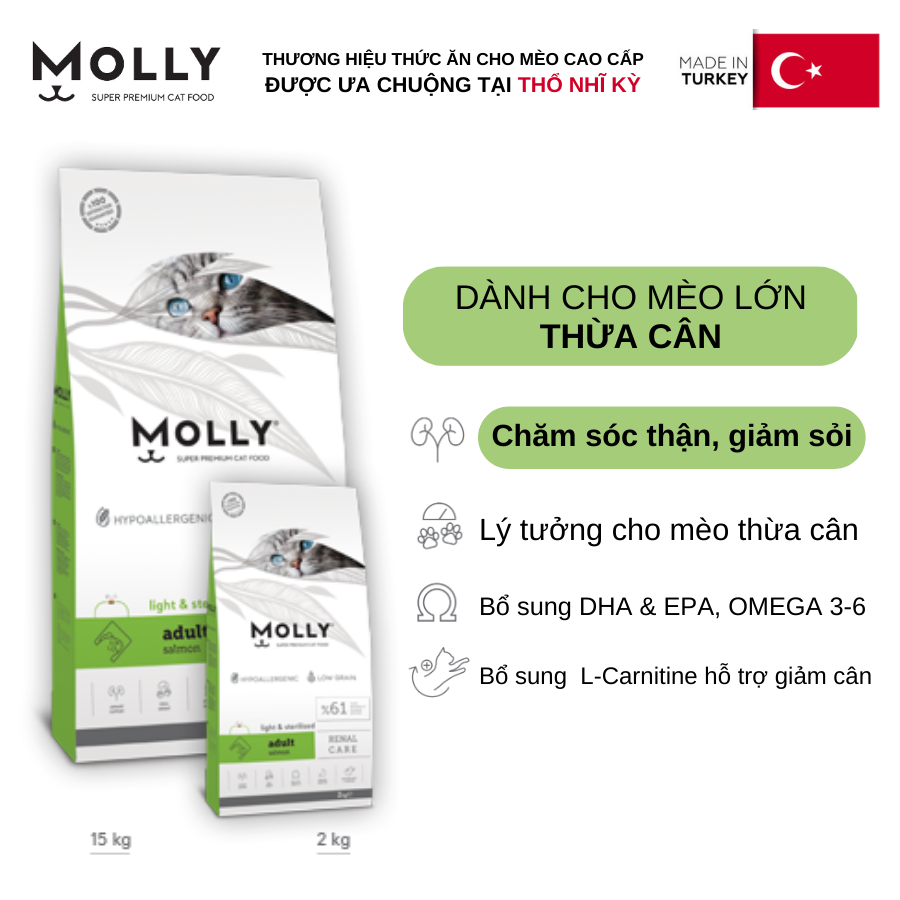 Hạt tiết niệu Molly 2kg giảm và ngừa sỏi thận, sỏi bàng quang, ngừa tiểu giắt ở mèo, tốt cho mèo lười uống nước Turkey