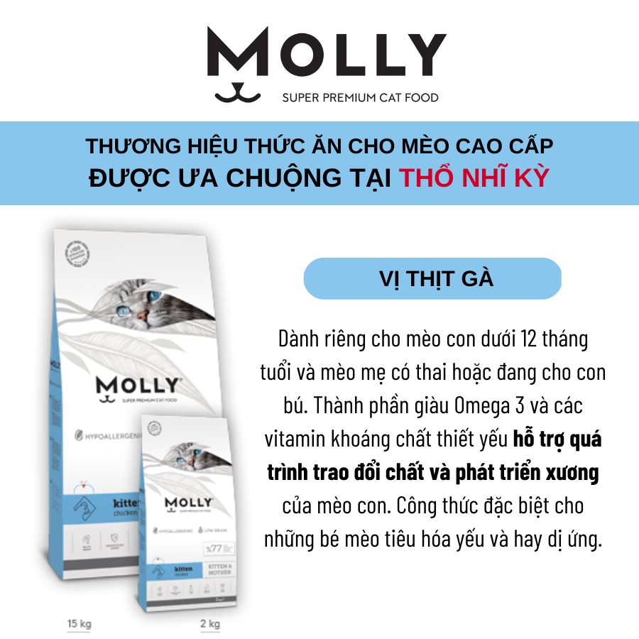 Thức ăn hạt cho mèo Molly dành cho mèo con và mèo bầu vị thịt gà đến từ Thổ Nhĩ Kỳ túi 2kg (xanh dương)