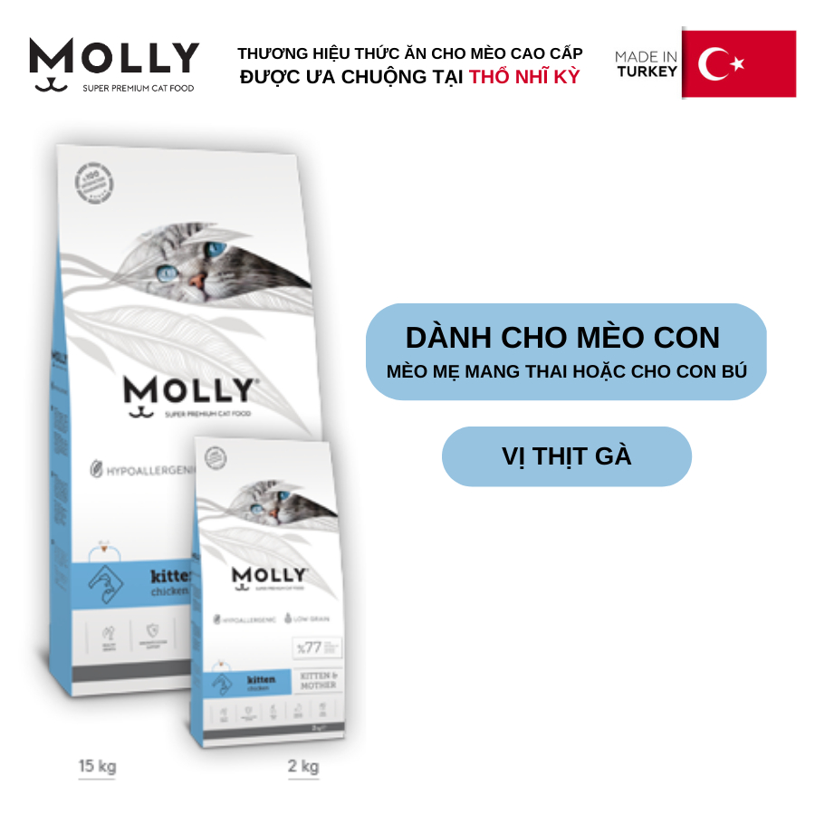 Thức ăn hạt cho mèo Molly dành cho mèo con và mèo bầu vị thịt gà đến từ Thổ Nhĩ Kỳ túi 2kg (xanh dương)