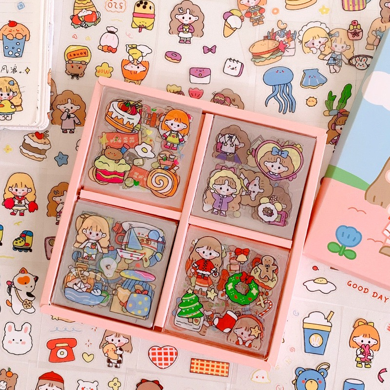 Lẻ 1 tấm Sticker 8x8cm cute dán trang trí tập vở, bình nước, họa tiết hoạt hình trong suốt - Vpp Giá sỉ