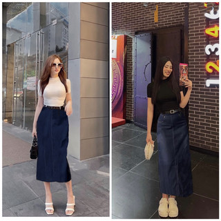 Set áo thun cổ tròn chân váy midi jean viển chỉ nổi🍂