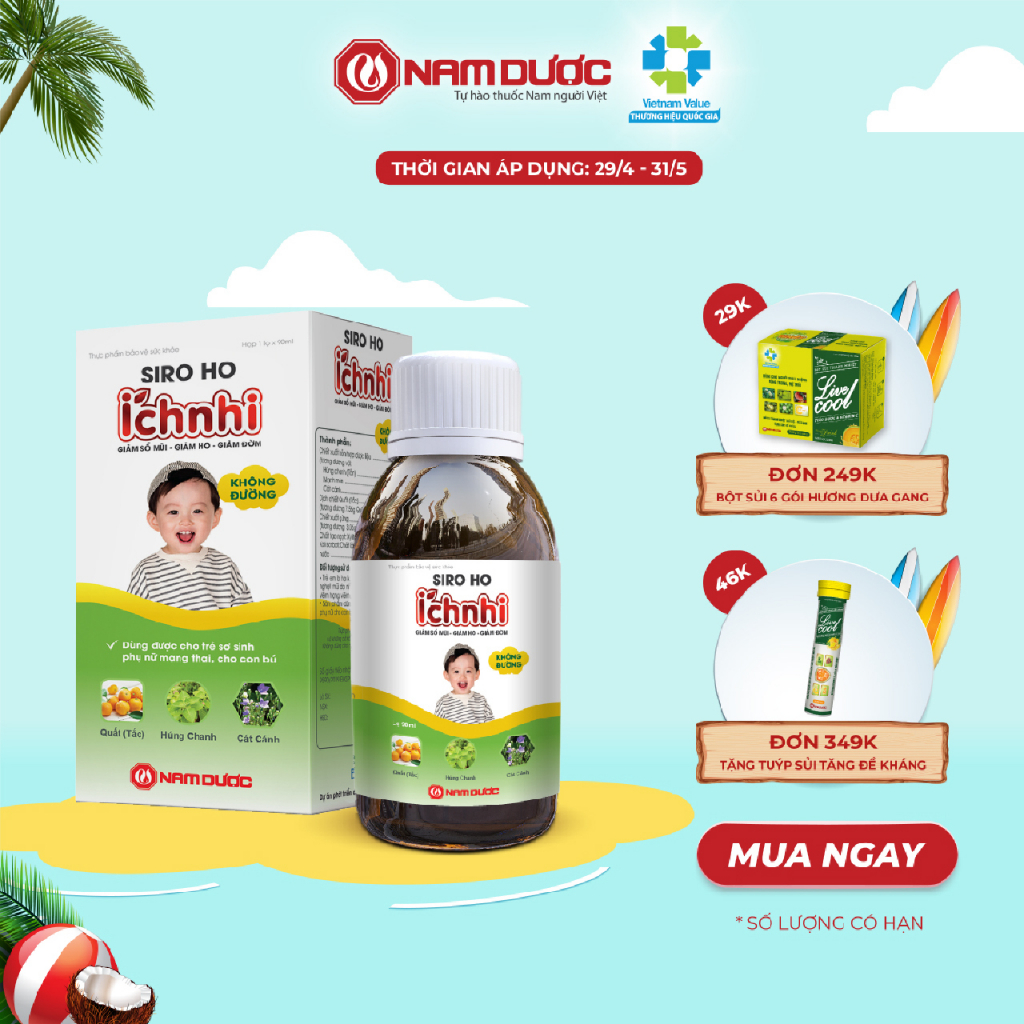 Siro ho cảm Ích Nhi chai 90ml không đường hỗ trợ giải cảm, giảm ho, sổ mũi, tiêu đờm, cho trẻ nhỏ, bà bầu
