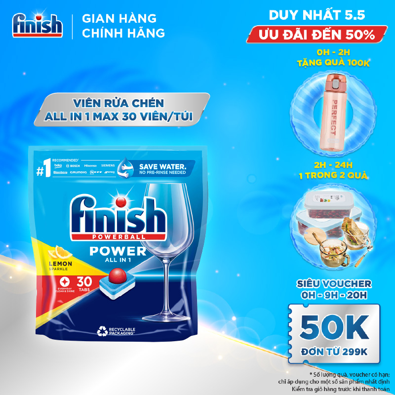 Viên Rửa Chén Bát Hương Chanh Finish Powerball All In 1 Max Lemon Sparkle 30 viên/túi