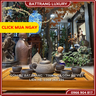Bộ Ấm Chén Uống Trà, Bộ Ấm Chén Bát Tràng Cao Cấp - Thạch Biều Khắc Liên Đài