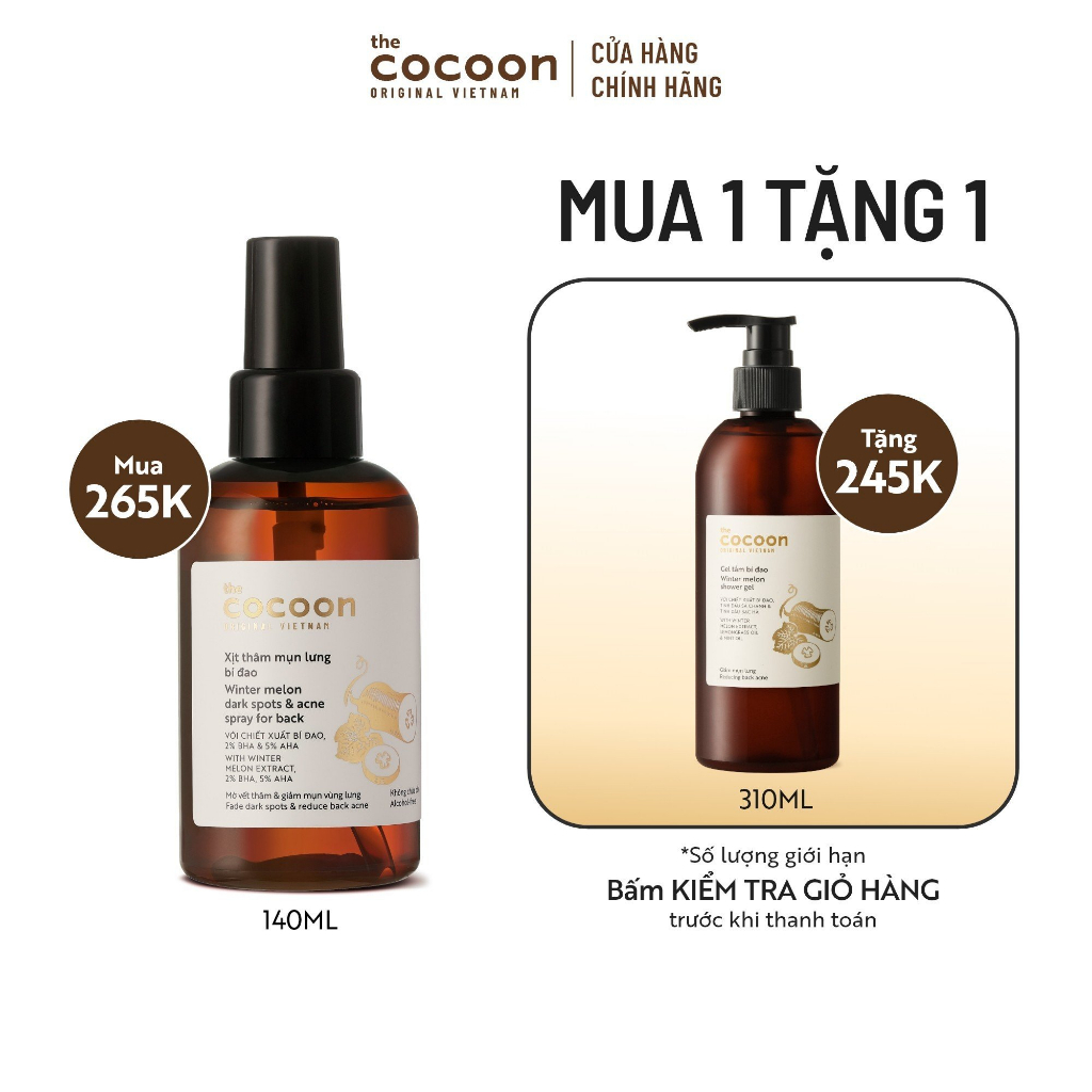 Xịt thâm mụn lưng bí đao Cocoon 140ml TẶNG Gel tắm bí đao Cocoon 310ml