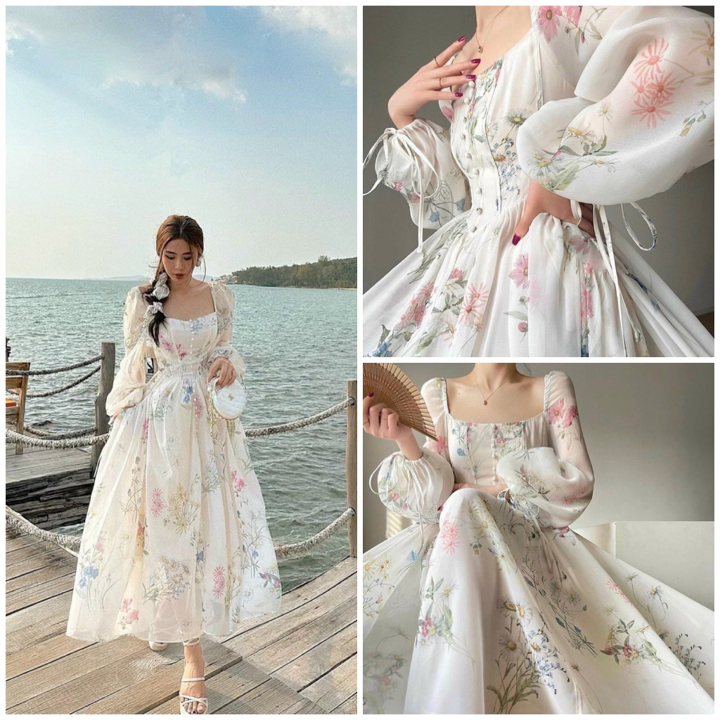 Đầm Hoa Xòe AKARA B18 Tay Bồng Cổ Vuông Phù Hợp Dạo Biển Đi Tiệc Cà Phê Nhẹ Nhàng S M L XL