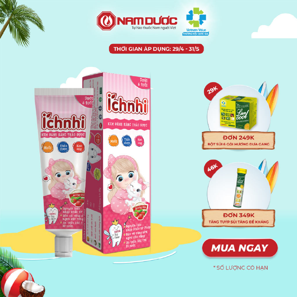 Kem đánh răng thảo dược Ích Nhi hương dâu tuýp 50g cho bé dưới 6 tuổi nuốt được, bảo vệ răng sữa, ngừa sâu răng cho bé