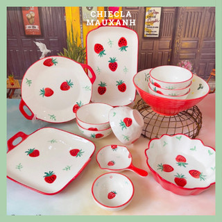 Set bát đĩa decor dâu tây bát ăn cơm chén dĩa dễ thương bát ăn dặm cho bé
