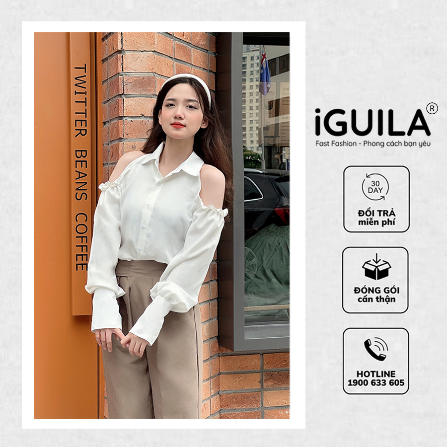 Áo sơ mi nữ khoét vai dài tay, Áo kiểu nữ hở vai tay bồng cách điệu Hàn Quốc sang chảnh, mặc đi dự tiệc, đi học, SOMIT37