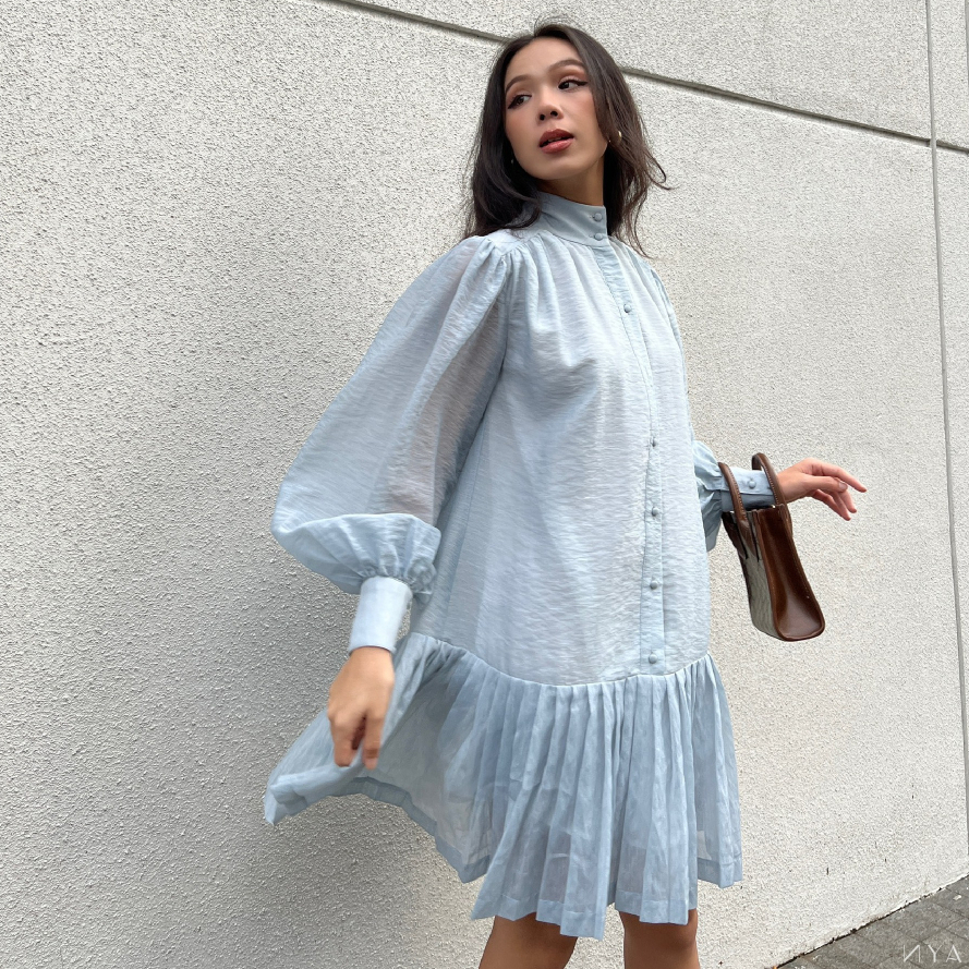 Váy ngắn cổ trụ, cúc bọc, tay bồng, măng set 10p, tà dưới dập ly cánh quạt VELVET DRESS | NYA STUDIO (SHOKO22-D03)