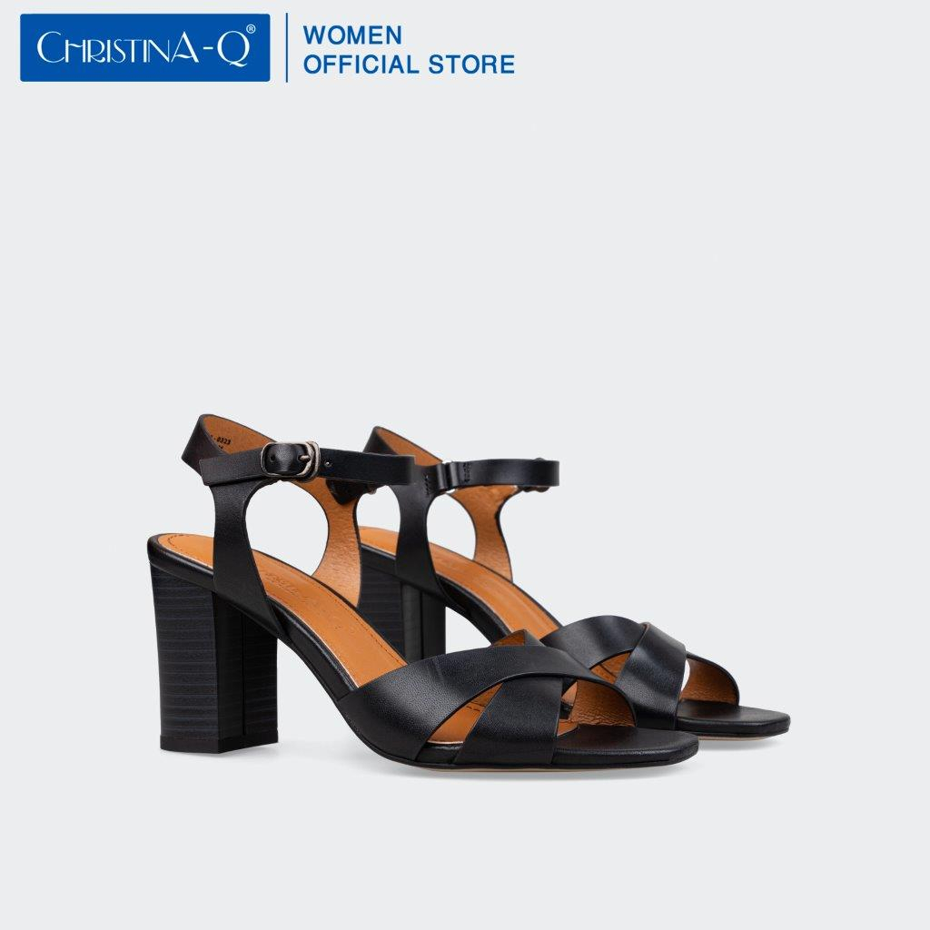 Giày sandals nữ gót trụ da thật cao cấp ChristinA-Q XDN304