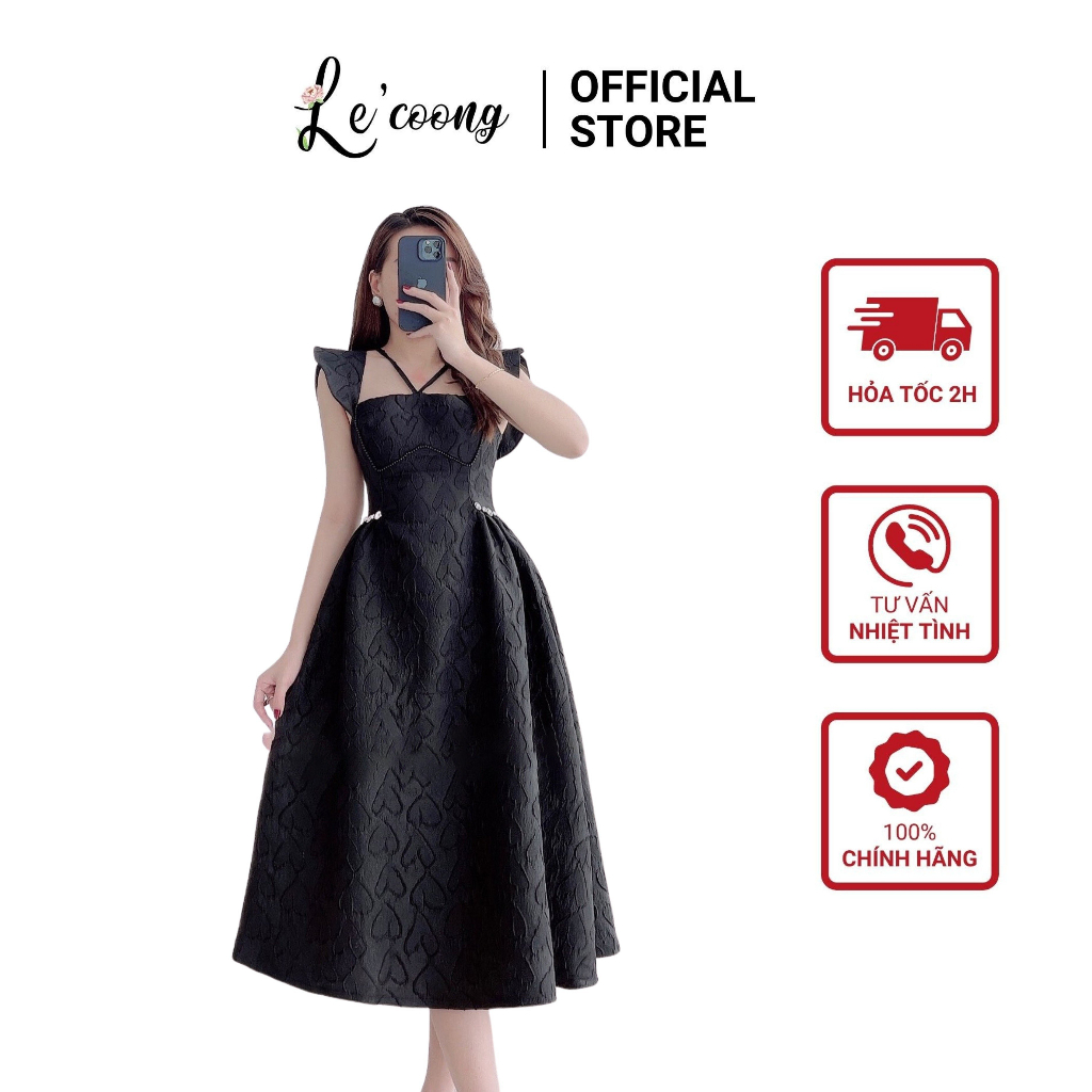Đầm Dự Tiệc Dáng Dài LECÔNG V356 Váy Công Chúa Dây Chéo Cổ Hoa Nổi Đen Trắng Sang Trọng