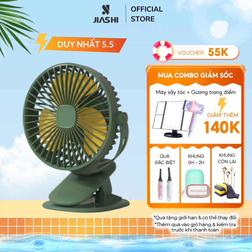Quạt mini kẹp gấp tiện dụng JIASHI 3 tốc độ gió quay 720 độ, sạc USB không tiếng ồn khi học, du lịch đa năng - QMN07