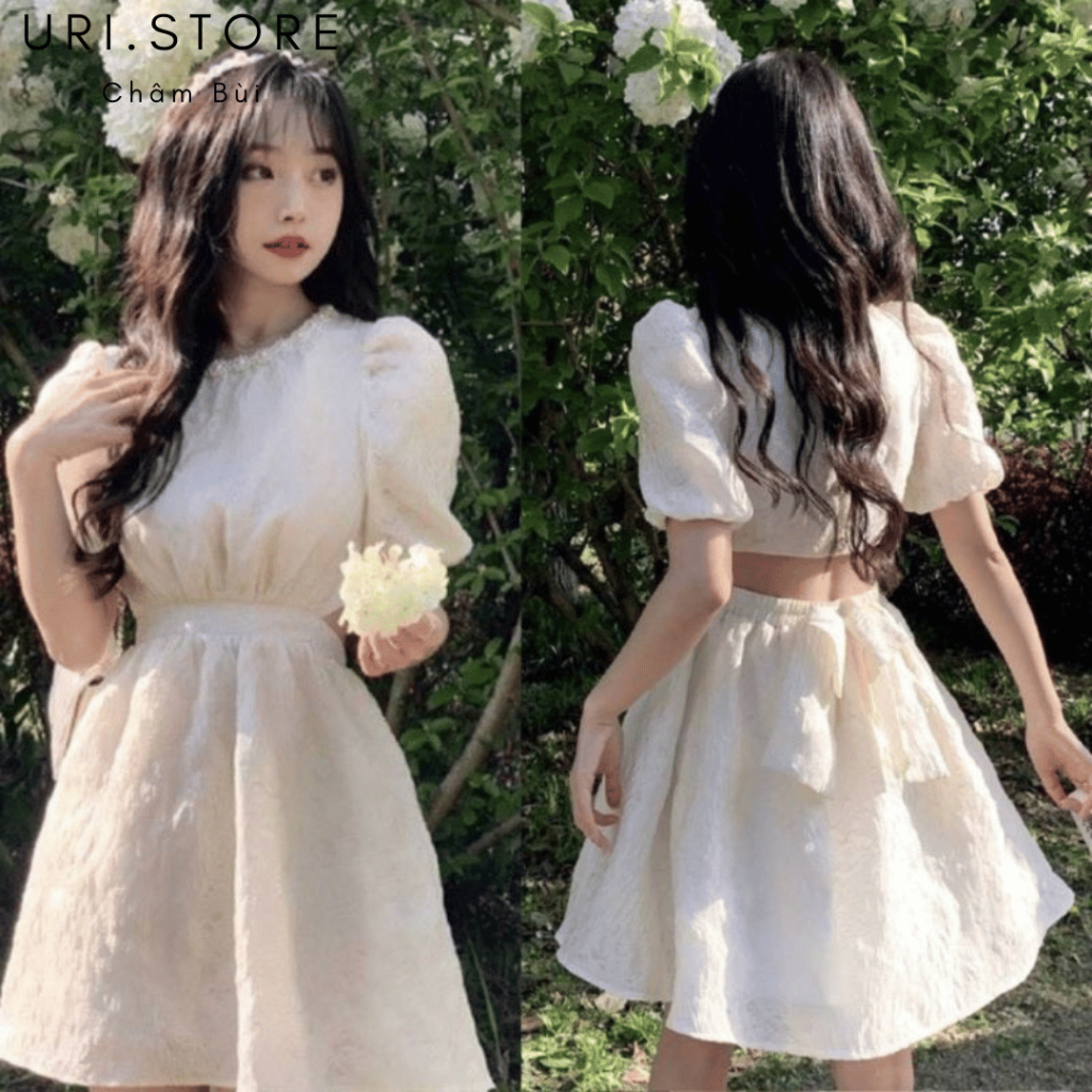 Đầm Váy Công Chúa, Váy Xòe Thắt Eo Tay Bồng Chất Liệu Vải Xốp Nhăn Phong Cách Tiểu Thư Sang Chảnh.