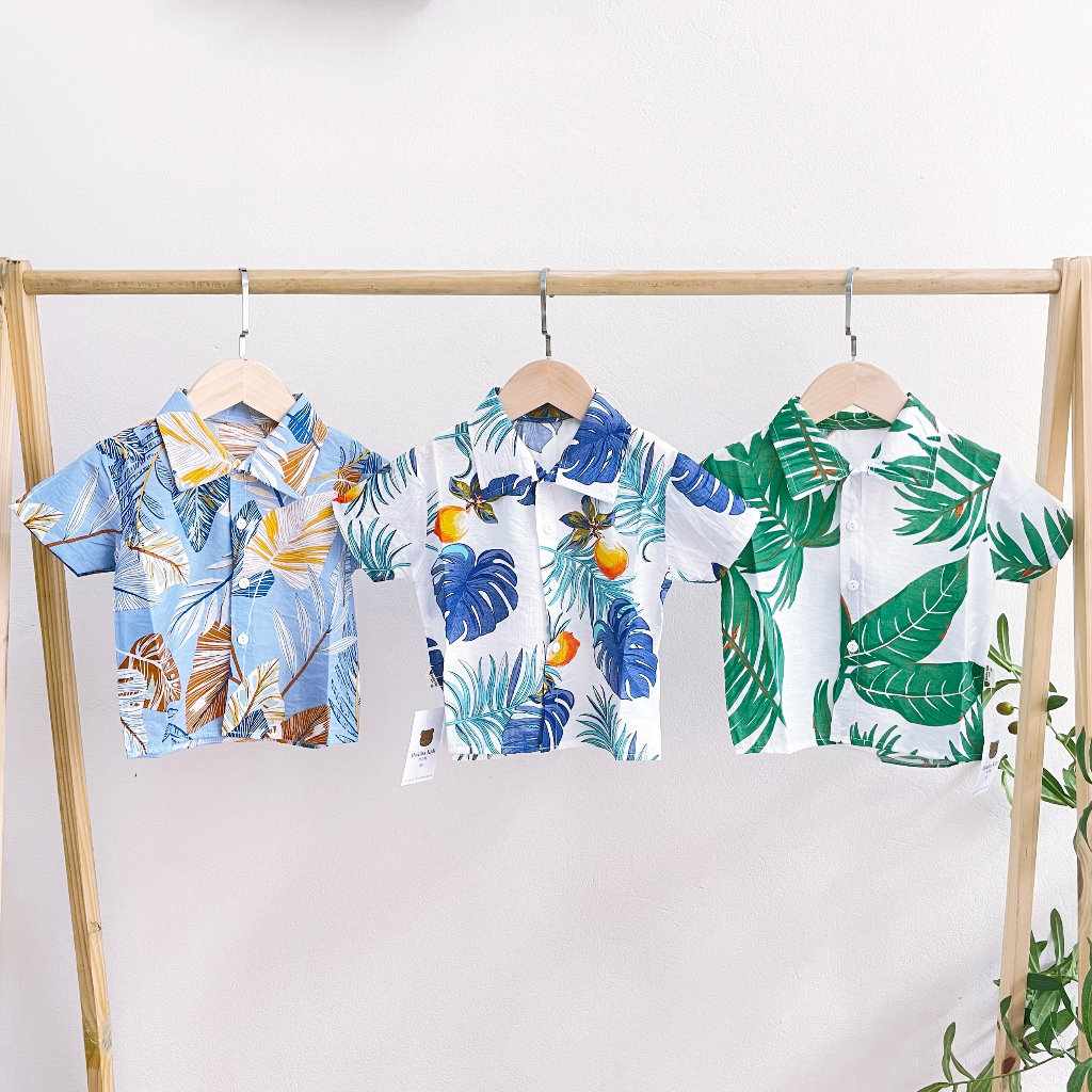 Áo sơ mi vải đũi Hokiha Kids đi biển hoạ tiết hoa lá cho bé size từ 8-15 Kg TE306