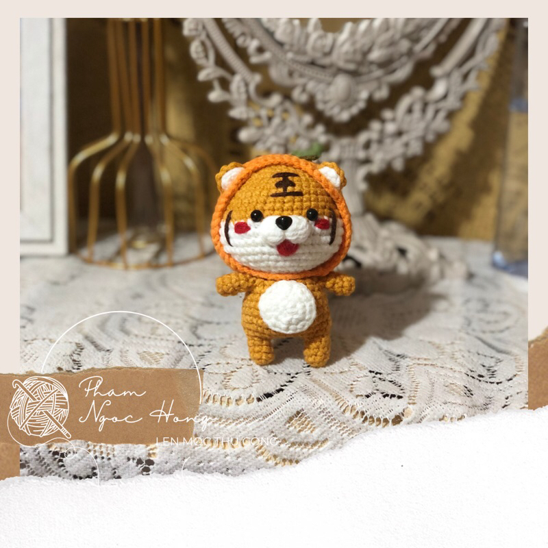 Hổ mũ cam nhồi bông, hổ len, len móc thủ công