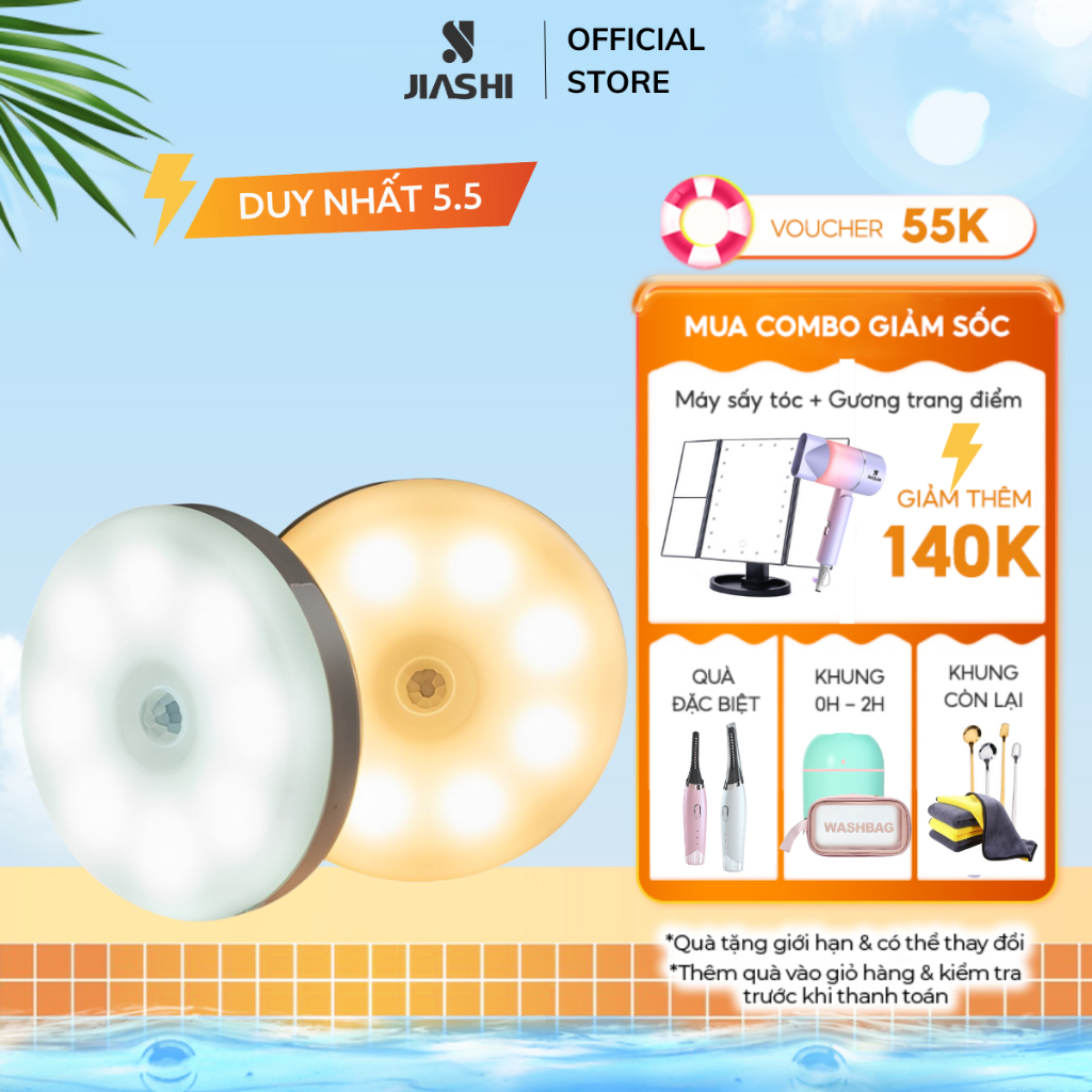 Đèn cảm biến thông minh JIASHI, đèn led tròn cảm ứng chuyển động dán tường sạc USB tiết kiệm điện DCU01