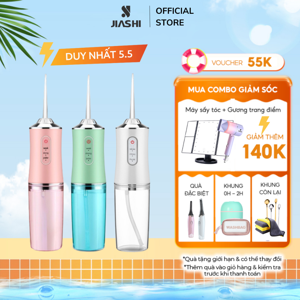 Máy Tăm Nước Vệ Sinh Làm Sạch Kẽ Răng Miệng JIASHI 4 Đầu Chuyên Dụng 3 Chế Độ Xịt Cầm Tay Tiện Dụng - MTN01