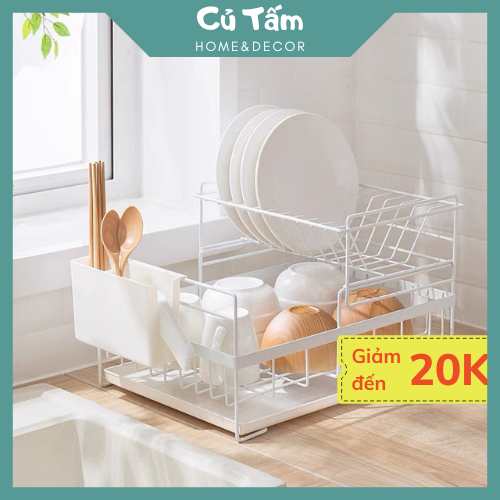 Kệ úp chén bát, giá đựng bát đũa hai tầng tháo rời kèm khay thoát nước thông minh