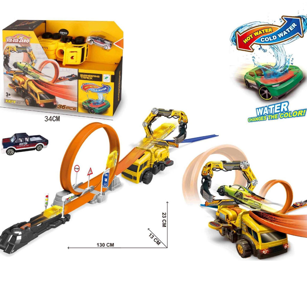 Xe ô tô đồ chơi đường đua hotwheels 1.7m kèm xe con đổi được màu khi gặp nước cho bé trai, quà tặng sinh nhật cho bé