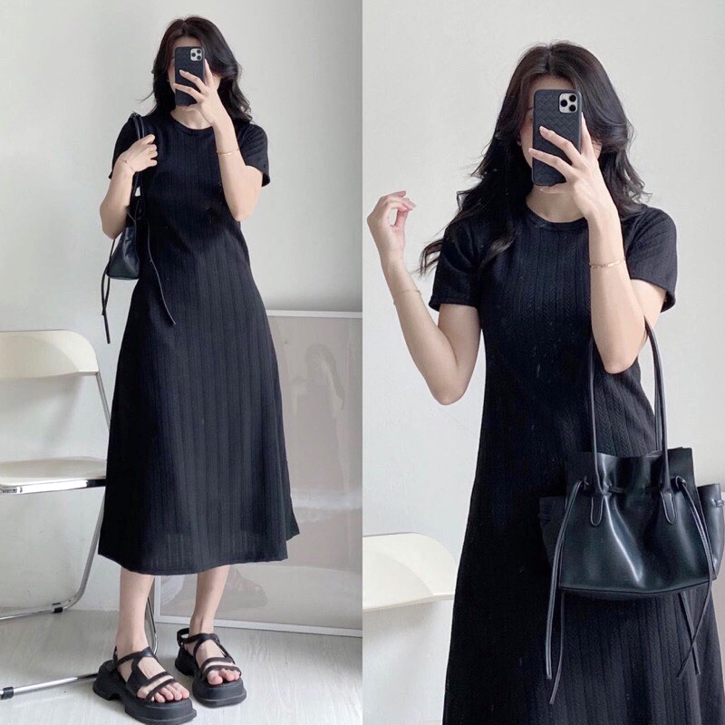 Váy đầm nữ thun cổ tròn dáng dài freesize phom rộng co giãn mặc hè đi chơi dạo phố hàn quốc basic Ylydress C1537