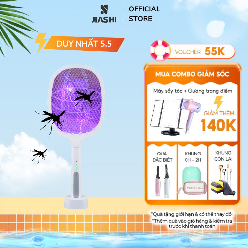 Vợt bắt muỗi kiêm đèn bắt muỗi JIASHI 2 trong 1 tự động thông minh pin 1200mAh sạc 1 lần dùng đến 25 ngày VBM02