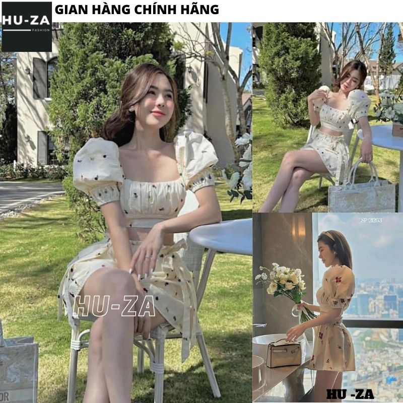 Bộ áo croptop tay bồng cúp ngực dáng ôm body mix quần sooc rộng cạp cao đính nơ - Set thời trang nữ HUZA B68