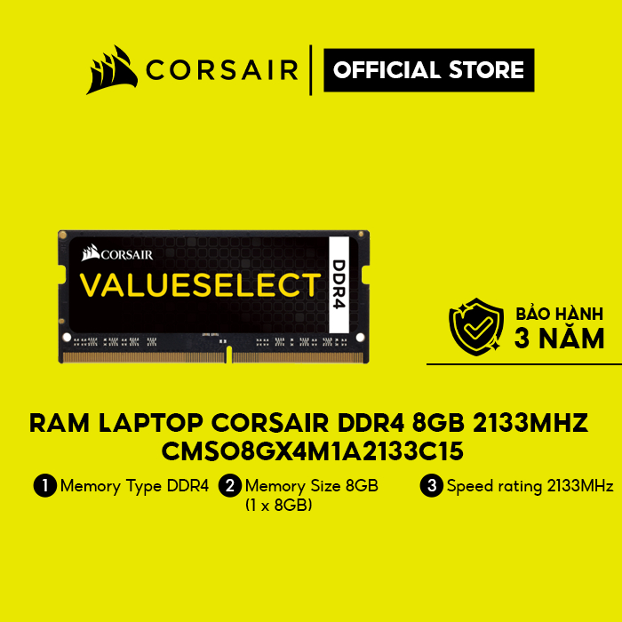 Bộ nhớ trong Corsair cho laptop DDR4 2133MHZ 8GB 1x260 SODIMM 1.20V/CMSO8GX4M1A2133C15