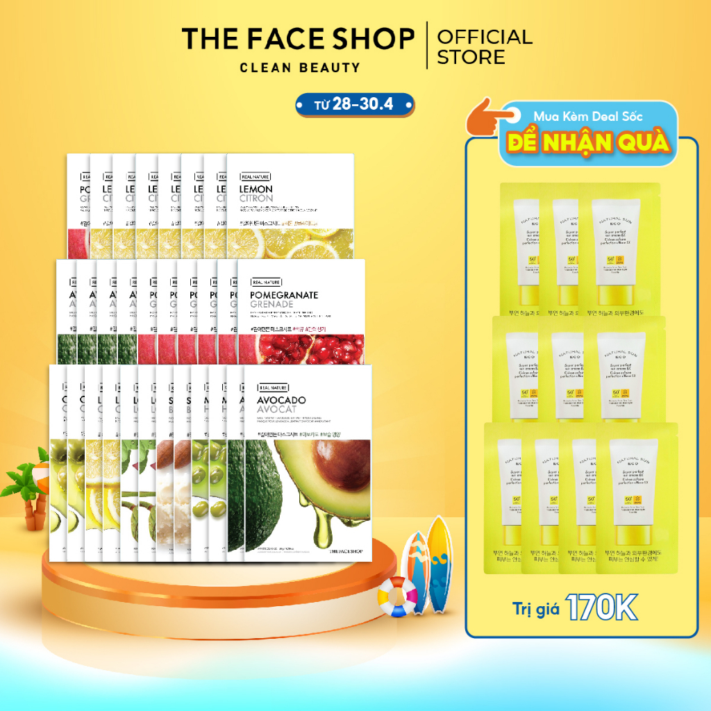 Combo 30 Mặt Nạ Real Nature THE FACE SHOP (oliu, chanh, sen, bơ hạt mỡ, đậu xanh, bơ, lựu) 20Gx30