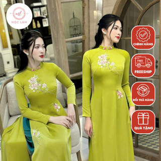 Áo dài cách tân nữ Mộc Lâm áo dài truyền thống màu xanh lụa thêu hoa cổ trụ chữ V chất liệu cao cấp AD12